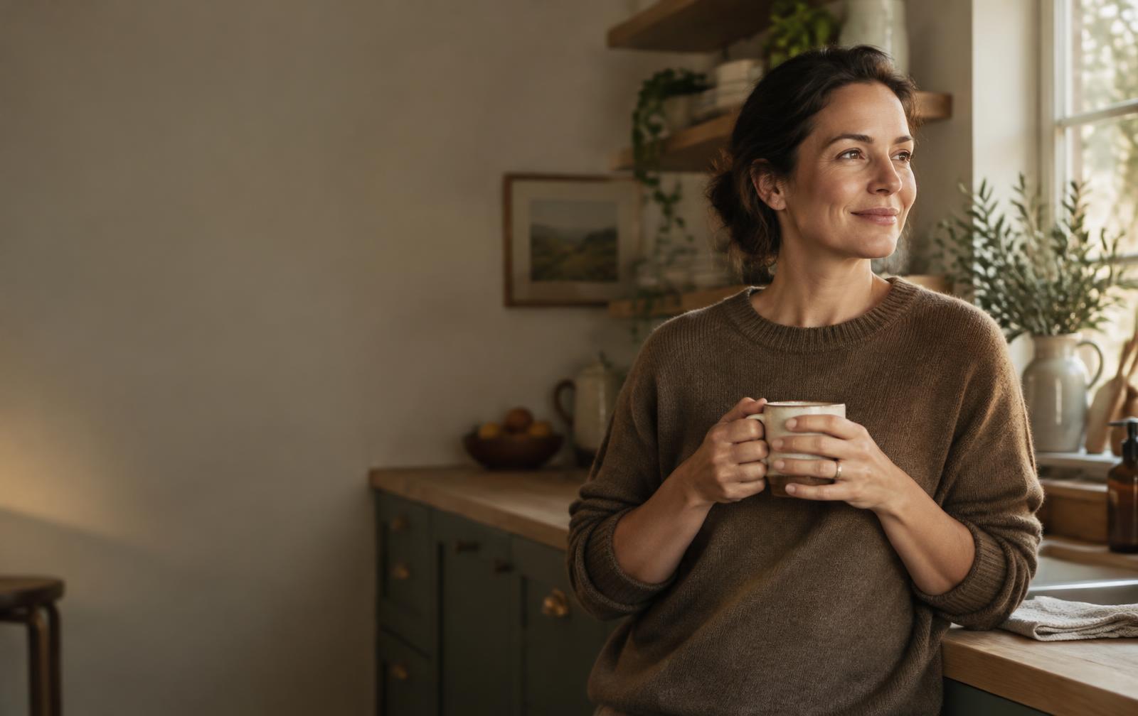 A calm mother standing in her quiet kitchen
